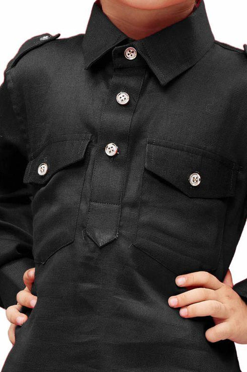 Boys' Black Cotton Pathani Kurta
